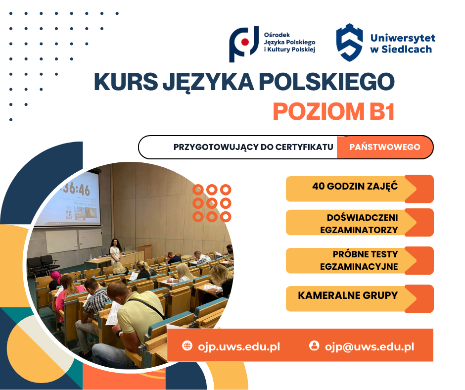 plakat promujący  kurs języka polskiego poziom b1